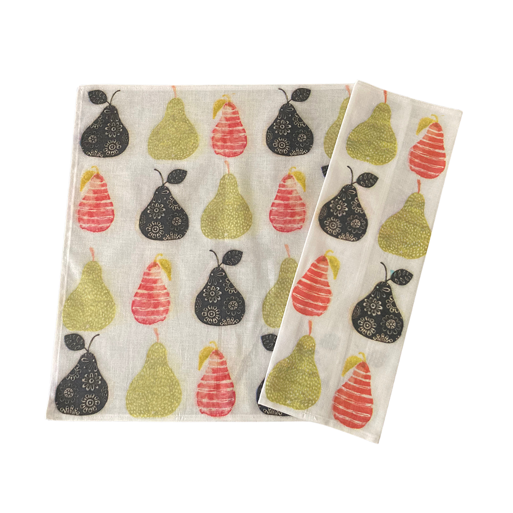 orange green grey pears DTG print on cotton napkins