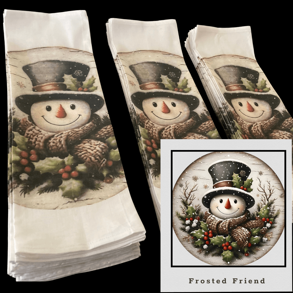 snowman with holly DTG print on cotton napkins