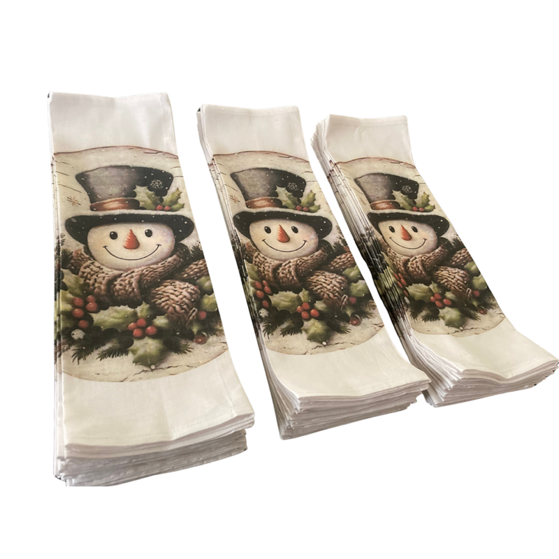 snowman with holly DTG print on cotton napkins
