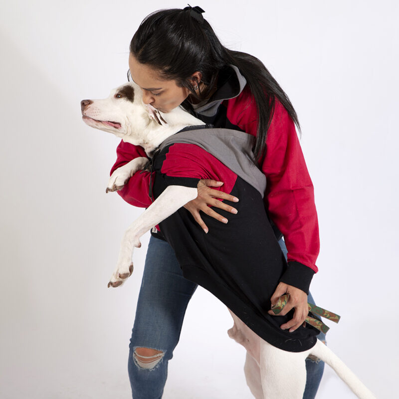 black and red fleece dog jacket