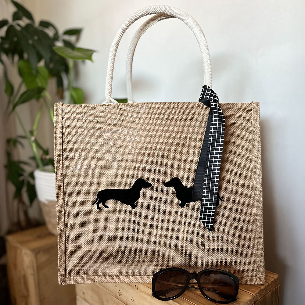 Jute tote bag with dachshund print