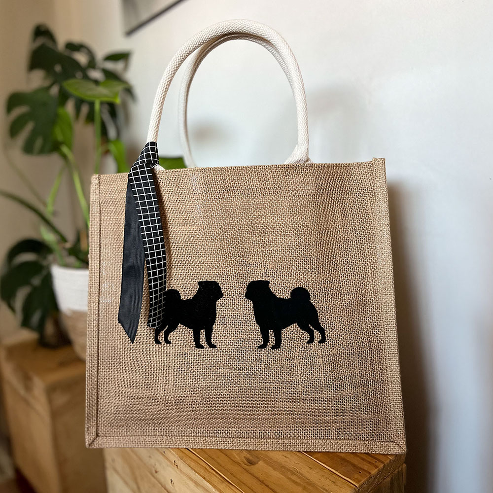 jute tote bag with pug print