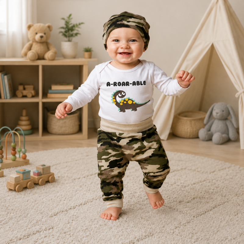 Boys Long Pants & Long Sleeve Tee Set with Dinosaur Print